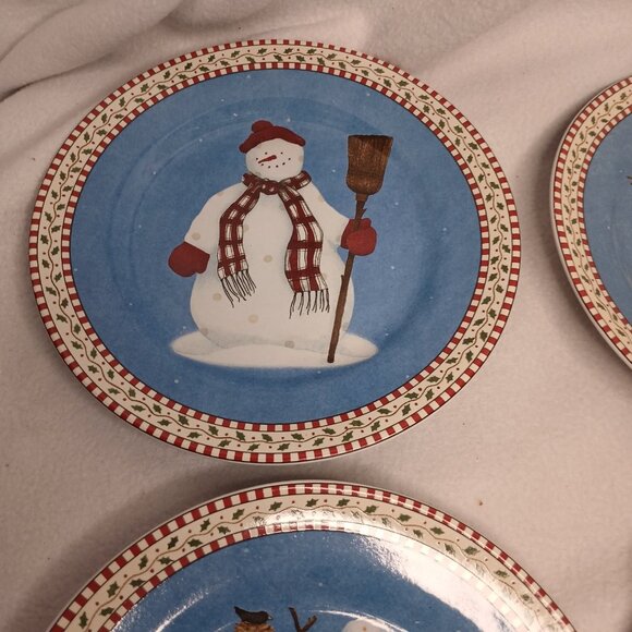 4 Salad Plates Sakura Debbie Mumm 4 Designs Snowman Vintage Stoneware 1997 Folk - Picture 10 of 13
